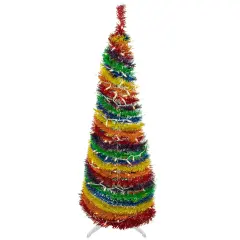 Northlight 4' Pre-Lit Rainbow Tinsel Pop-Up Artificial Christmas Tree, Clear Lights Multi