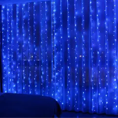 Perfect Holiday 300 LED Curtain String Lights Plug In - 8 Light Modes Blue
