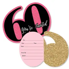 Big Dot of Happiness Chic 60th Birthday - Pink, Black and Gold - Shaped Fill-in Invites - Birthday Party Invitation Cards with Envelopes - Set of 12