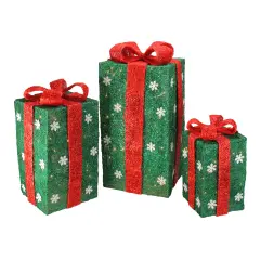Northlight Set of 3 Lighted Tall Green Gift Boxes with Red Bows Christmas Outdoor Decorations 18"