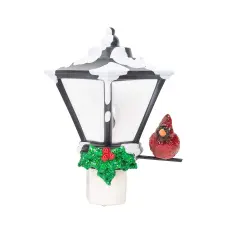 Roman Cardinal on a Snow Covered Street Lamp Flickering Christmas Night Light - 6" Black
