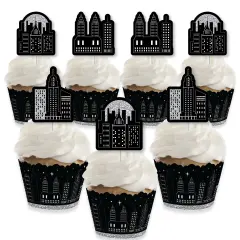 Big Dot of Happiness Nighttime City Skyline - Cupcake Decoration - New York Party Cupcake Wrappers and Treat Picks Kit - Set of 24