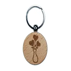 Vase of Heart Flowers Valentine's Day Engraved Wood Round Keychain Tag Charm