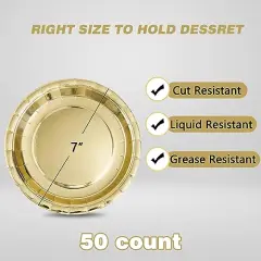 50 Pieces Disposable Paper Plates Gold,7&rdquo; Dessert Cake Plates Bulk for Party Supplies, Colored and Sturdy Party Plates for Birthday, Wedding, Baby shower, Bridal party supplies