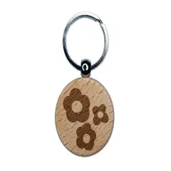 Flower Trio Engraved Wood Round Keychain Tag Charm