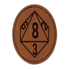 D8 8 Sided Gaming Gamer Dice Critical Role Round Iron-On Engraved Faux Leather Patch Applique - 2.5" Brown