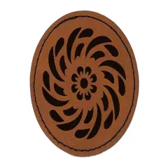 Swirling Geometrical Flower Round Iron-On Engraved Faux Leather Patch Applique - 2.5" Brown