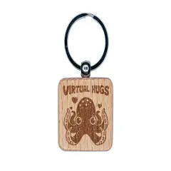 Octopus Virtual Hugs Engraved Wood Square Keychain Tag Charm