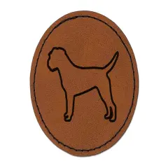 Border Terrier Dog Outline Round Iron-On Engraved Faux Leather Patch Applique - 2.5" Brown