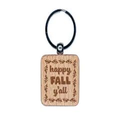 Happy Fall Y'all Autumn Foliage Engraved Wood Square Keychain Tag Charm