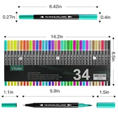 Dual Tip Brush Markers Colored Pen,Fine Point Journal Pens & Colored Brush Markers for Kid Adult Coloring Drawing Planner Calendar Art Projects(34 Colors Pen)