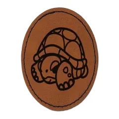 Shy Turtle Hiding in Shell Round Iron-On Engraved Faux Leather Patch Applique - 2.5" Brown