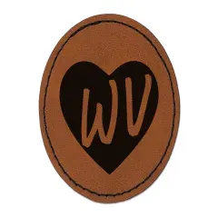 WV West Virginia State in Heart Round Iron-On Engraved Faux Leather Patch Applique - 2.5" Brown