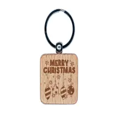 Merry Christmas Hanging Ornaments Engraved Wood Square Keychain Tag Charm