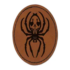 Spooky Spider with Skeleton Skull Markings Round Iron-On Engraved Faux Leather Patch Applique - 2.5" Brown