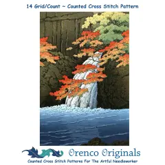 Senju Waterfall in Autumn Counted Cross Stitch Pattern by Kawase Hasui