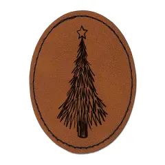 Hand Drawn Christmas Evergreen Tree with Star Round Iron-On Engraved Faux Leather Patch Applique - 2.5" Brown