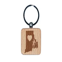 Rhode Island State with Heart Engraved Wood Square Keychain Tag Charm