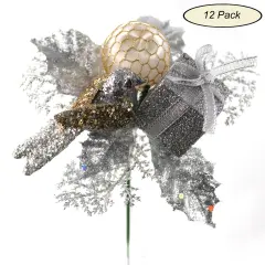 Set of 12: Traditional Silver Glitter Picks with Gift Box, Dove Bird, & Ornament Ball | Festive Holiday Decor | Trees, Wreaths, & Garlands | Christmas Picks | Home & Office Decor - 2024 Christmas Collection, Floral Home by Artificial Flowers