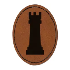 Chess Rook Piece Round Iron-On Engraved Faux Leather Patch Applique - 2.5" Brown
