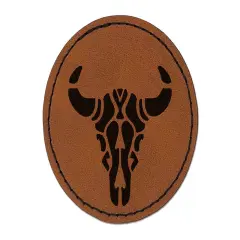 Southwestern Style Tribal Bull Cow Skull Round Iron-On Engraved Faux Leather Patch Applique - 2.5" Brown