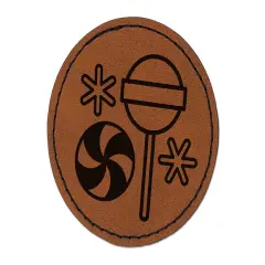 Holiday Christmas Peppermint Lollipop Candy Round Iron-On Engraved Faux Leather Patch Applique - 2.5" Brown