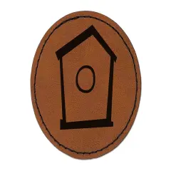 Birdhouse Doodle Round Iron-On Engraved Faux Leather Patch Applique - 2.5" Brown