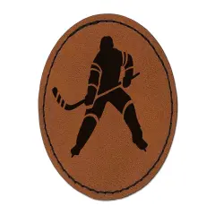 Hockey Player Holding Hockey Stick Round Iron-On Engraved Faux Leather Patch Applique - 2.5" Brown