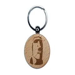Easter Island Statue Stone Head Monument Engraved Wood Round Keychain Tag Charm