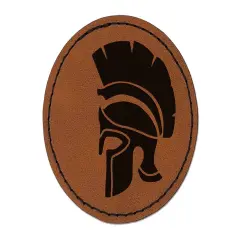 Ancient Greek Roman Spartan Helmet Round Iron-On Engraved Faux Leather Patch Applique - 2.5" Brown