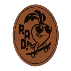 Totally Rad Radish on Skateboard Round Iron-On Engraved Faux Leather Patch Applique - 2.5" Brown