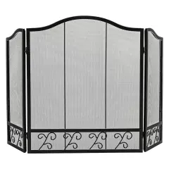 3-Panel Black Steel Fireplace Screen Decorative Spark Guard