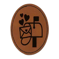 Cute Mailbox with Hearts Round Iron-On Engraved Faux Leather Patch Applique - 2.5" Brown