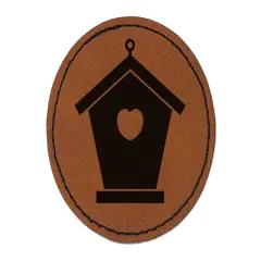 Birdhouse Silhouette with Heart Round Iron-On Engraved Faux Leather Patch Applique - 2.5" Brown