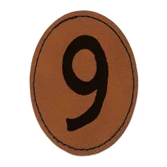 Number 9 Nine Cute Typewriter Font Round Iron-On Engraved Faux Leather Patch Applique - 2.5" Brown
