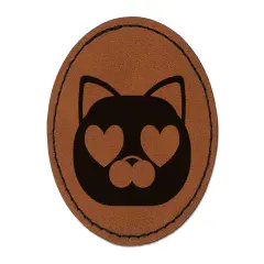 Round Cat Face Love Heart Eyes Round Iron-On Engraved Faux Leather Patch Applique - 2.5" Brown