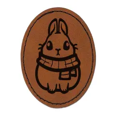 Plump Bunny Wearing Winter Scarf Round Iron-On Engraved Faux Leather Patch Applique - 2.5" Brown