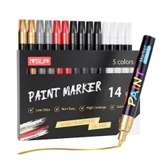 Paint Pens Paint Markers, 14 Pack Permanent Oil Based Markers, Medium Tip, 5 Colors, Never Fade Quick Drying and Waterproof Marker Pen Set for Metal, Wood, Fabric, Tire, Stone, Mugs, Glass, DIY Craft