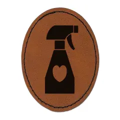 Spray Bottle Silhouette with Heart Round Iron-On Engraved Faux Leather Patch Applique - 2.5" Brown