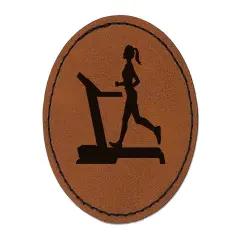 Woman Running on Treadmill Cardio Workout Gym Round Iron-On Engraved Faux Leather Patch Applique - 2.5" Brown
