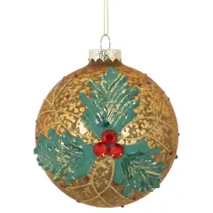 Northlight 4" Gold Holly Berry Mercury Glass Ball Christmas Ornament