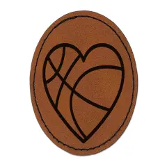 Heart Shaped Basketball Sports Round Iron-On Engraved Faux Leather Patch Applique - 2.5" Brown