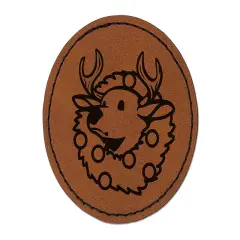 Christmas Deer Mount in Wreath Round Iron-On Engraved Faux Leather Patch Applique - 2.5" Brown