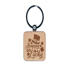 Happy Go Lucky Leprechaun Hat Shamrocks St. Patrick's Day Engraved Wood Square Keychain Tag Charm