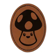 Cute Kawaii Toadstool Mushroom Round Iron-On Engraved Faux Leather Patch Applique - 2.5" Brown