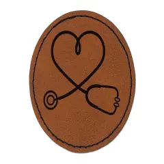Nurse Doctor Heart Shaped Stethoscope Round Iron-On Engraved Faux Leather Patch Applique - 2.5" Brown