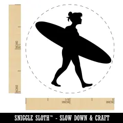 Surfer Woman with Surfboard Walking Self-Inking Rubber Stamp Ink Stamper for Stamping Crafting Planners Green