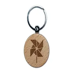 Pinwheel Toy Chinese New Year Engraved Wood Round Keychain Tag Charm