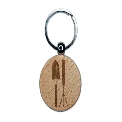 Gardening Tools Trowel Hand Rake Engraved Wood Round Keychain Tag Charm