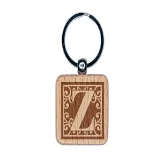 Monogram Swirls Capital Letter Z Engraved Wood Square Keychain Tag Charm
